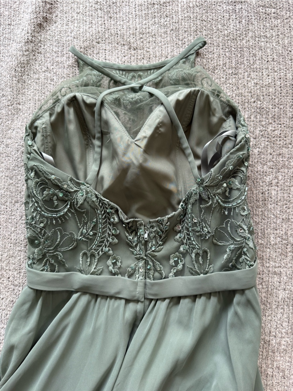 Kennedy Blue Sage Green Chiffon Lace Halter Maxi Dress Size 6 - Picture 4 of 11